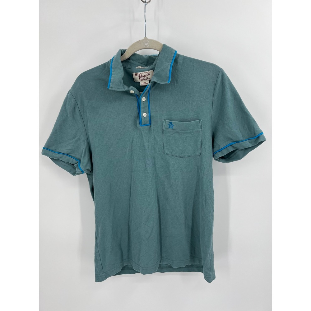 Original Penguin Mens Heritage Slim Fit Pique Polo Shirt Teal Blue Large Pocket